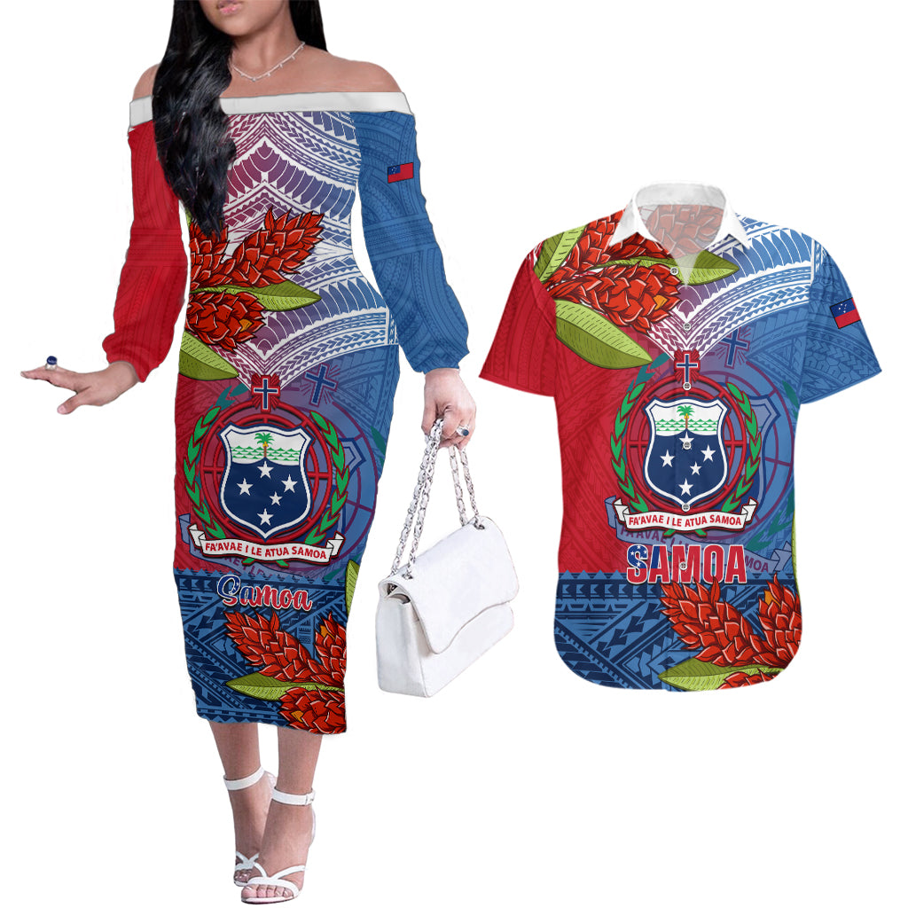 Personalized Samoa Couples Matching Off The Shoulder Long Sleeve Dress and Hawaiian Shirt Teuila Torch Ginger Mix Polynesian Tribal LT05 Blue - Polynesian Pride