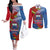 Personalized Samoa Couples Matching Off The Shoulder Long Sleeve Dress and Long Sleeve Button Shirts Teuila Torch Ginger Mix Polynesian Tribal LT05 Blue - Polynesian Pride