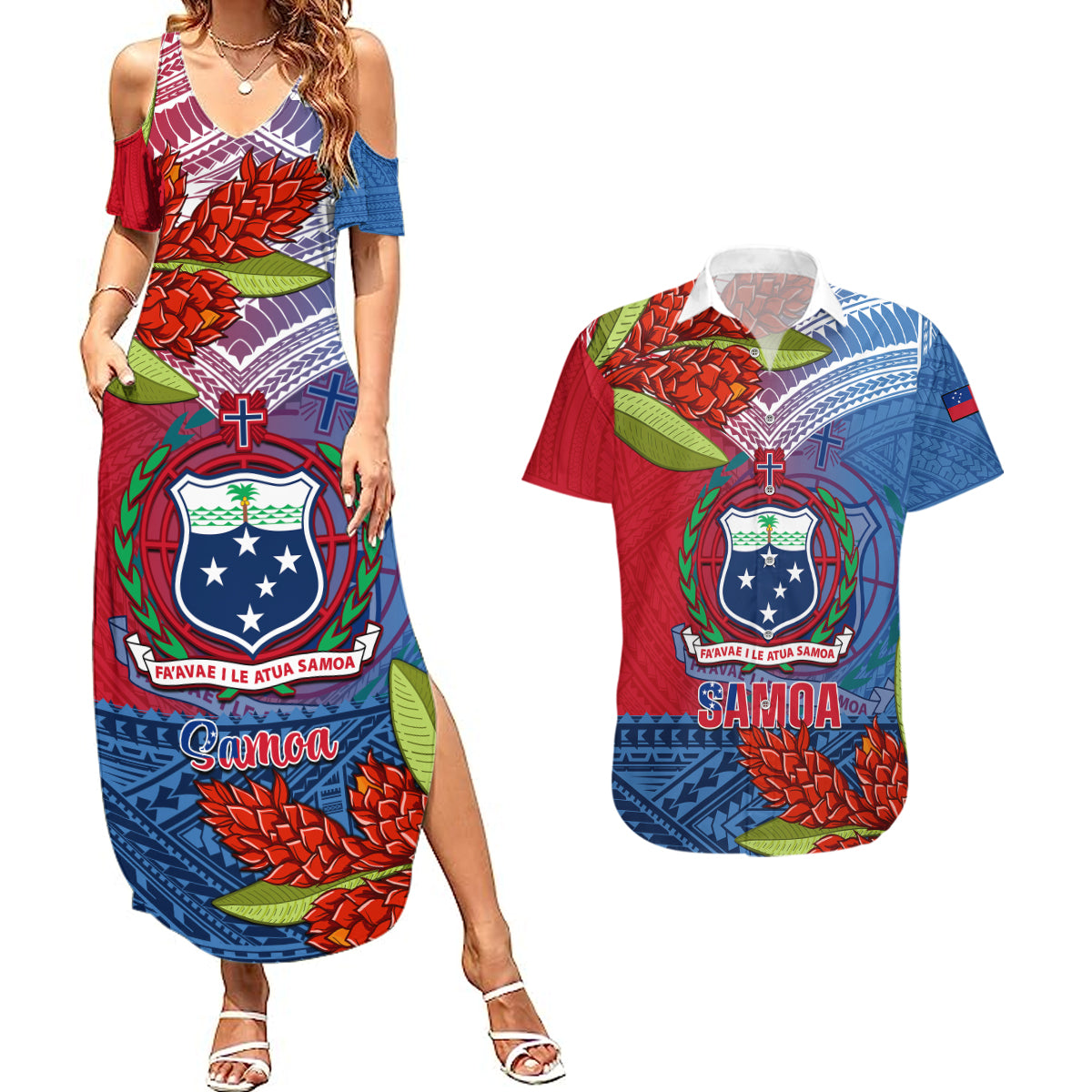 Personalized Samoa Couples Matching Summer Maxi Dress and Hawaiian Shirt Teuila Torch Ginger Mix Polynesian Tribal LT05 Blue - Polynesian Pride