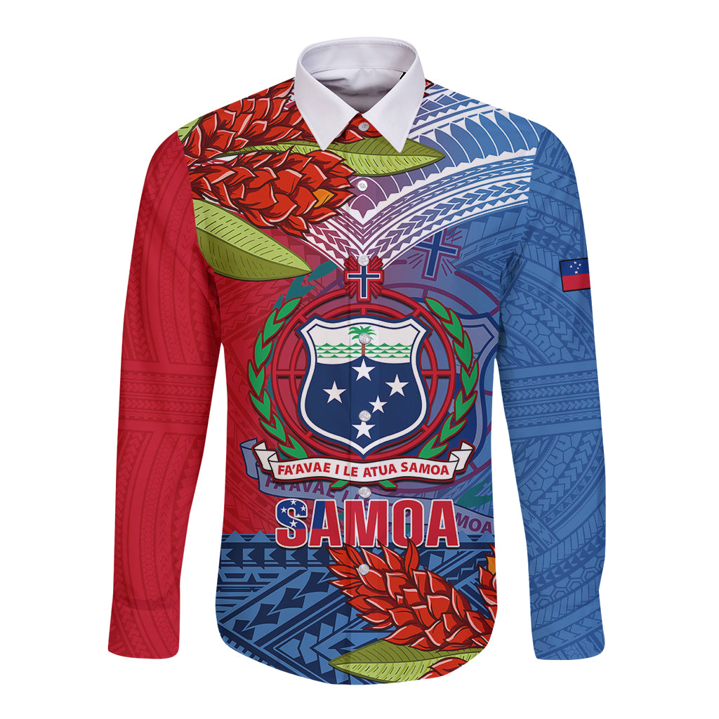 Personalized Samoa Long Sleeve Button Shirt Teuila Torch Ginger Mix Polynesian Tribal LT05 Unisex Blue - Polynesian Pride