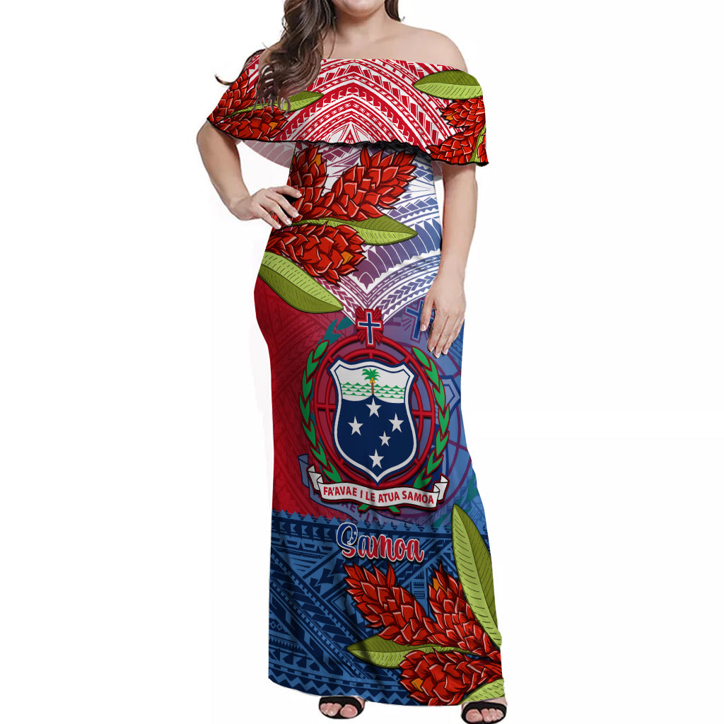 Personalized Samoa Off Shoulder Maxi Dress Teuila Torch Ginger Mix Polynesian Tribal LT05 Women Blue - Polynesian Pride