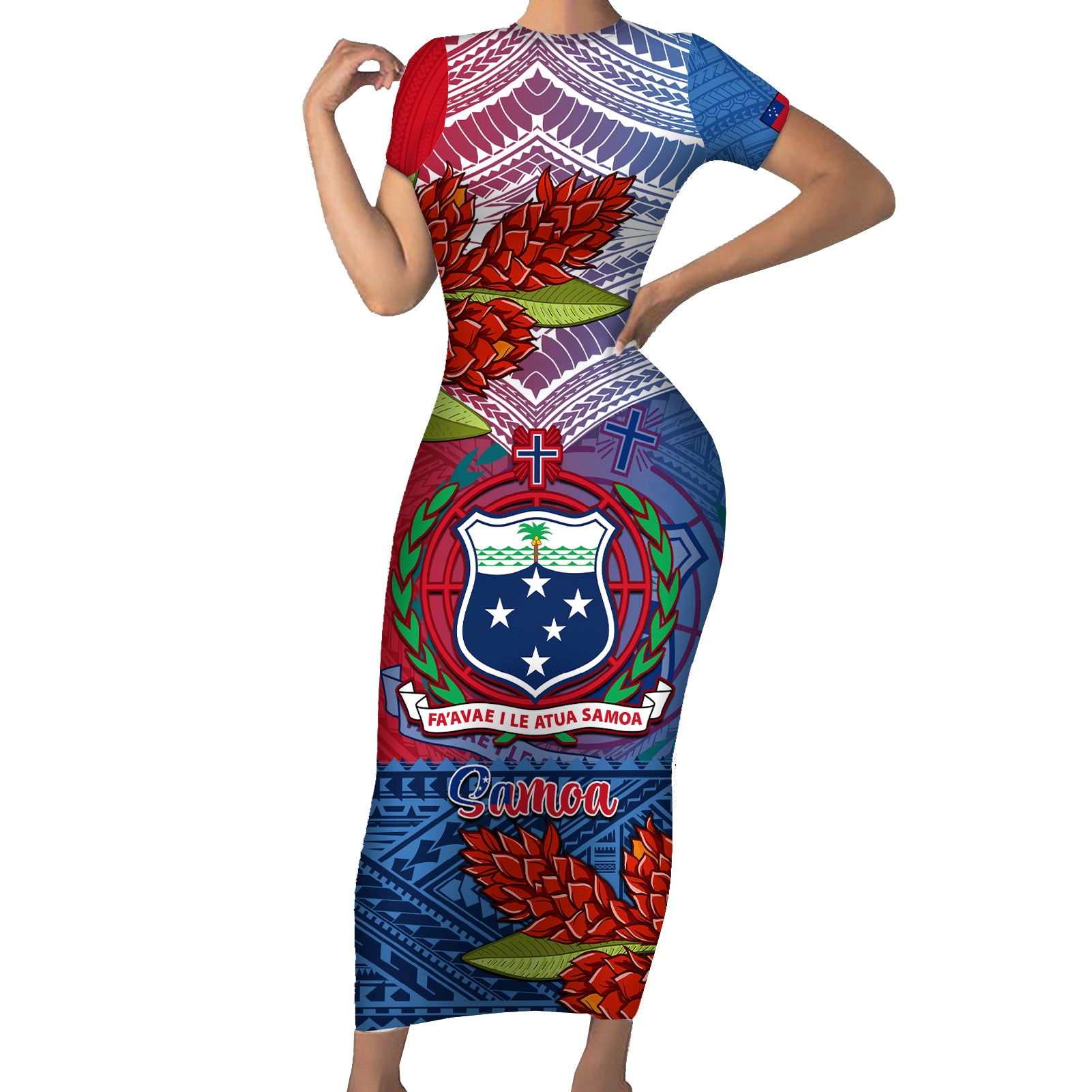 Personalized Samoa Short Sleeve Bodycon Dress Teuila Torch Ginger Mix Polynesian Tribal LT05 Long Dress Blue - Polynesian Pride