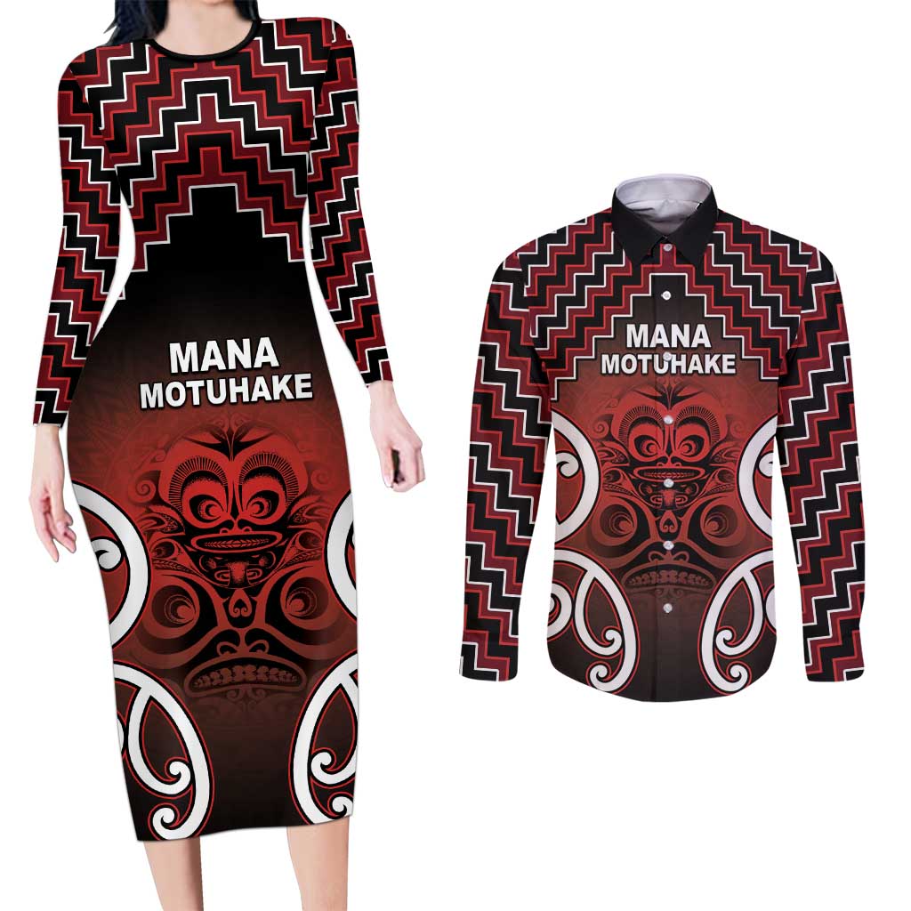 Personalised Aotearoa Mana Motuhake Couples Matching Long Sleeve Bodycon Dress and Long Sleeve Button Shirt Poutama With Maori Pattern - Polynesian Pride
