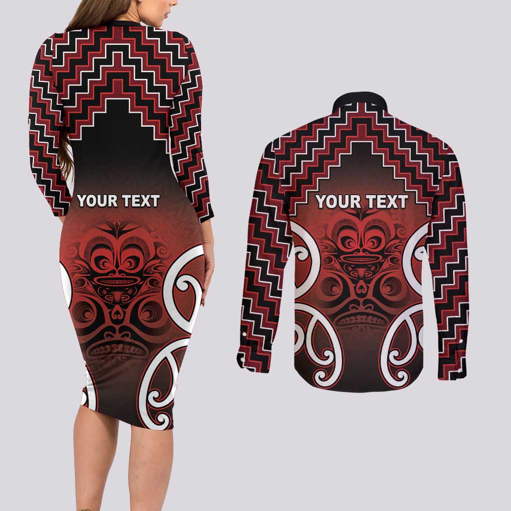Personalised Aotearoa Mana Motuhake Couples Matching Long Sleeve Bodycon Dress and Long Sleeve Button Shirt Poutama With Maori Pattern - Polynesian Pride