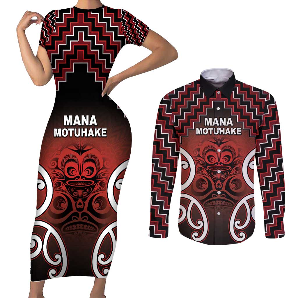 Personalised Aotearoa Mana Motuhake Couples Matching Short Sleeve Bodycon Dress and Long Sleeve Button Shirt Poutama With Maori Pattern - Polynesian Pride