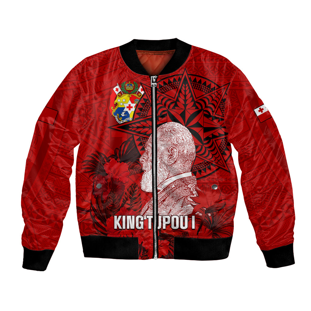Tonga King Tupou I Day Bomber Jacket Tropical Flowers With Ngatu Pattern LT05 Unisex Red - Polynesian Pride