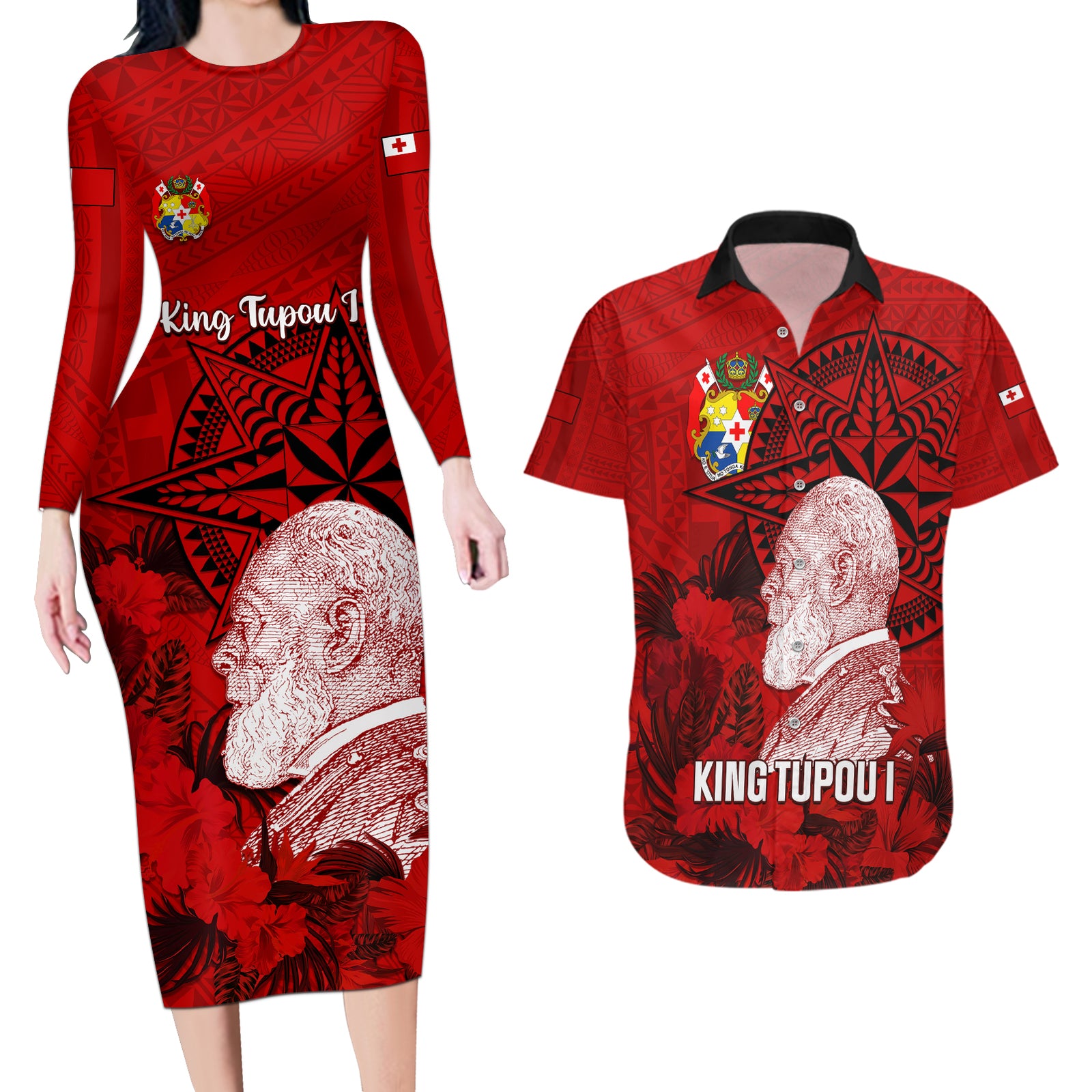 Tonga King Tupou I Day Couples Matching Long Sleeve Bodycon Dress and Hawaiian Shirt Tropical Flowers With Ngatu Pattern LT05 Red - Polynesian Pride