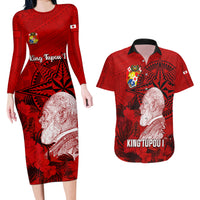 Tonga King Tupou I Day Couples Matching Long Sleeve Bodycon Dress and Hawaiian Shirt Tropical Flowers With Ngatu Pattern LT05 Red - Polynesian Pride