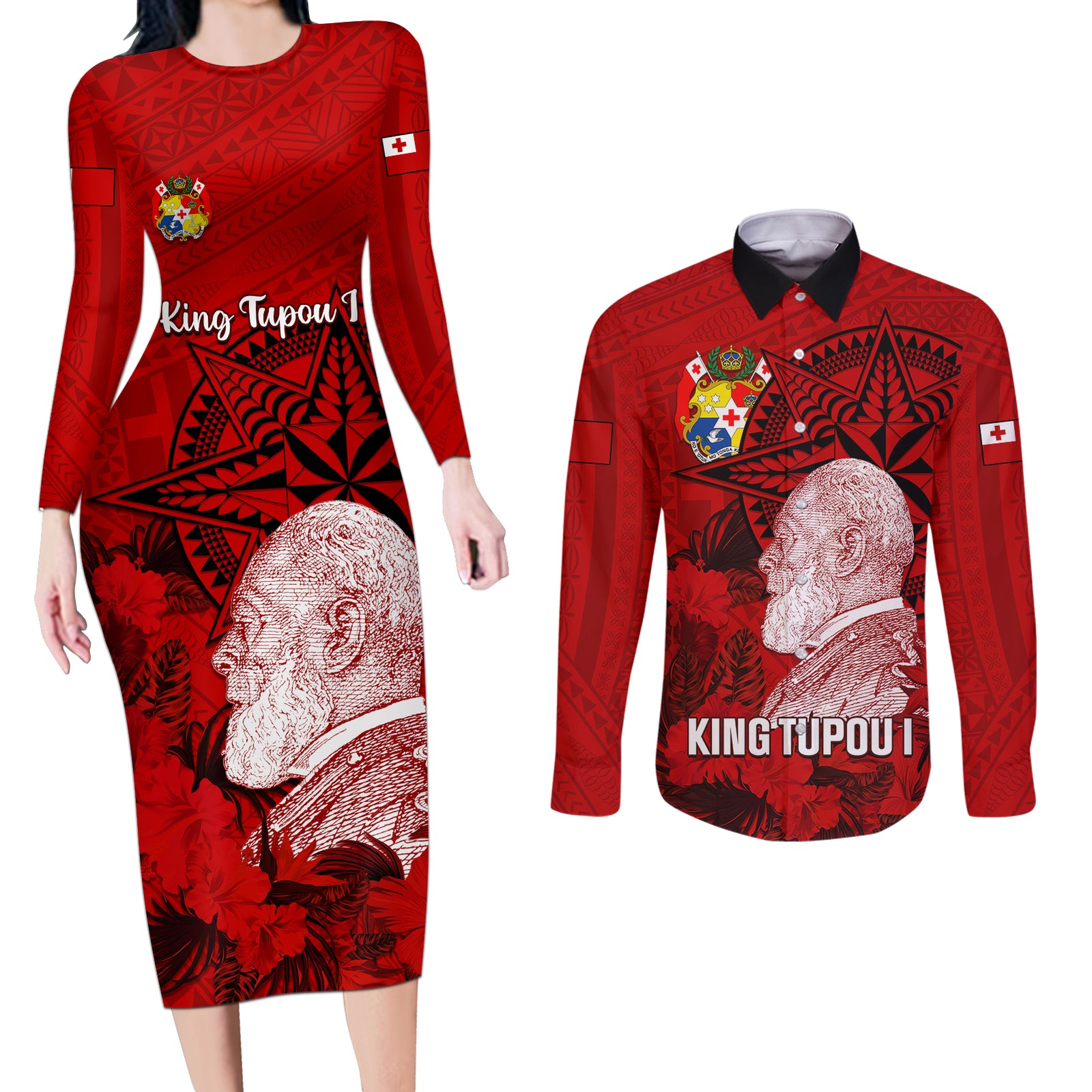 Tonga King Tupou I Day Couples Matching Long Sleeve Bodycon Dress and Long Sleeve Button Shirts Tropical Flowers With Ngatu Pattern LT05 Red - Polynesian Pride