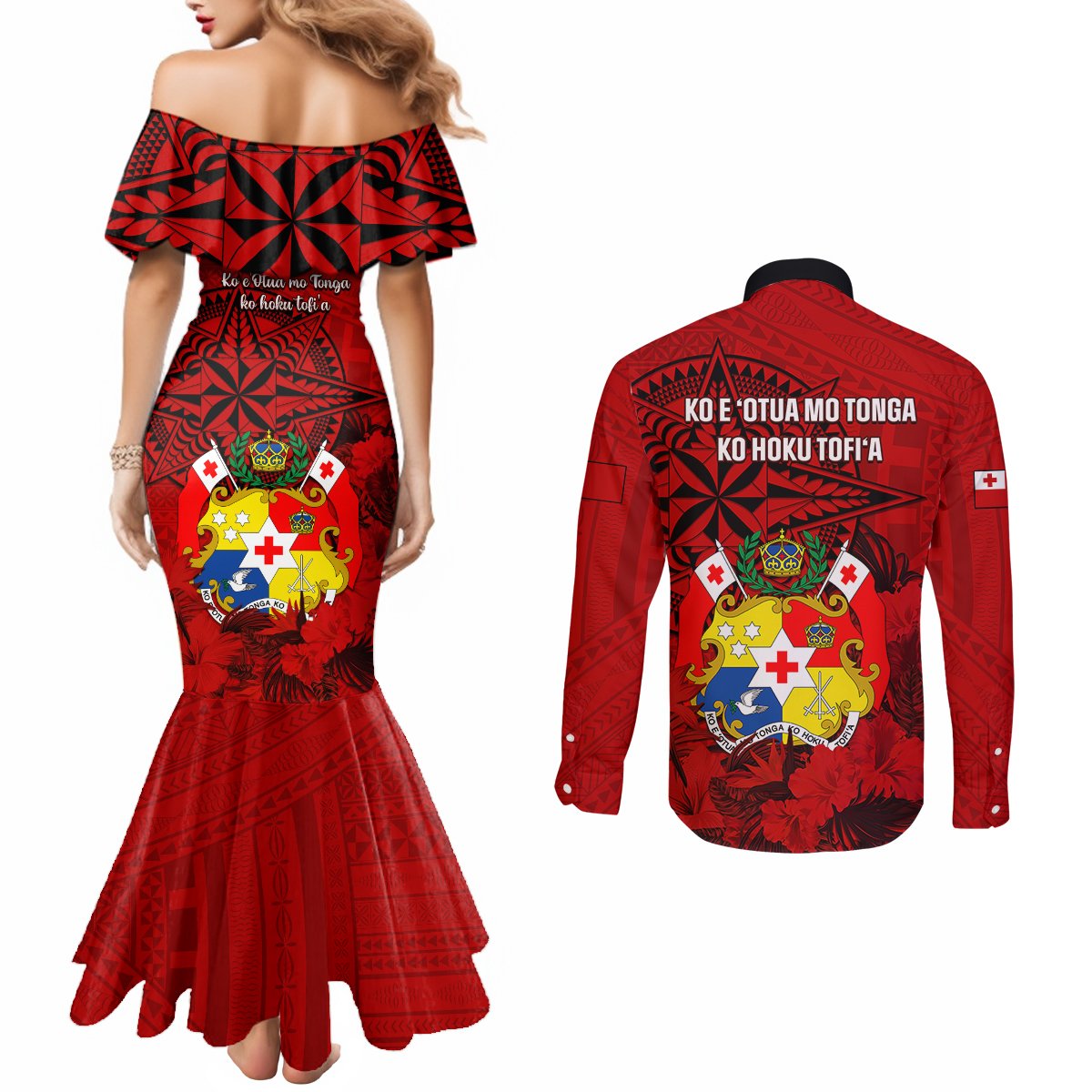 tonga-king-tupou-i-day-couples-matching-mermaid-dress-and-long-sleeve-button-shirts-tropical-flowers-with-ngatu-pattern