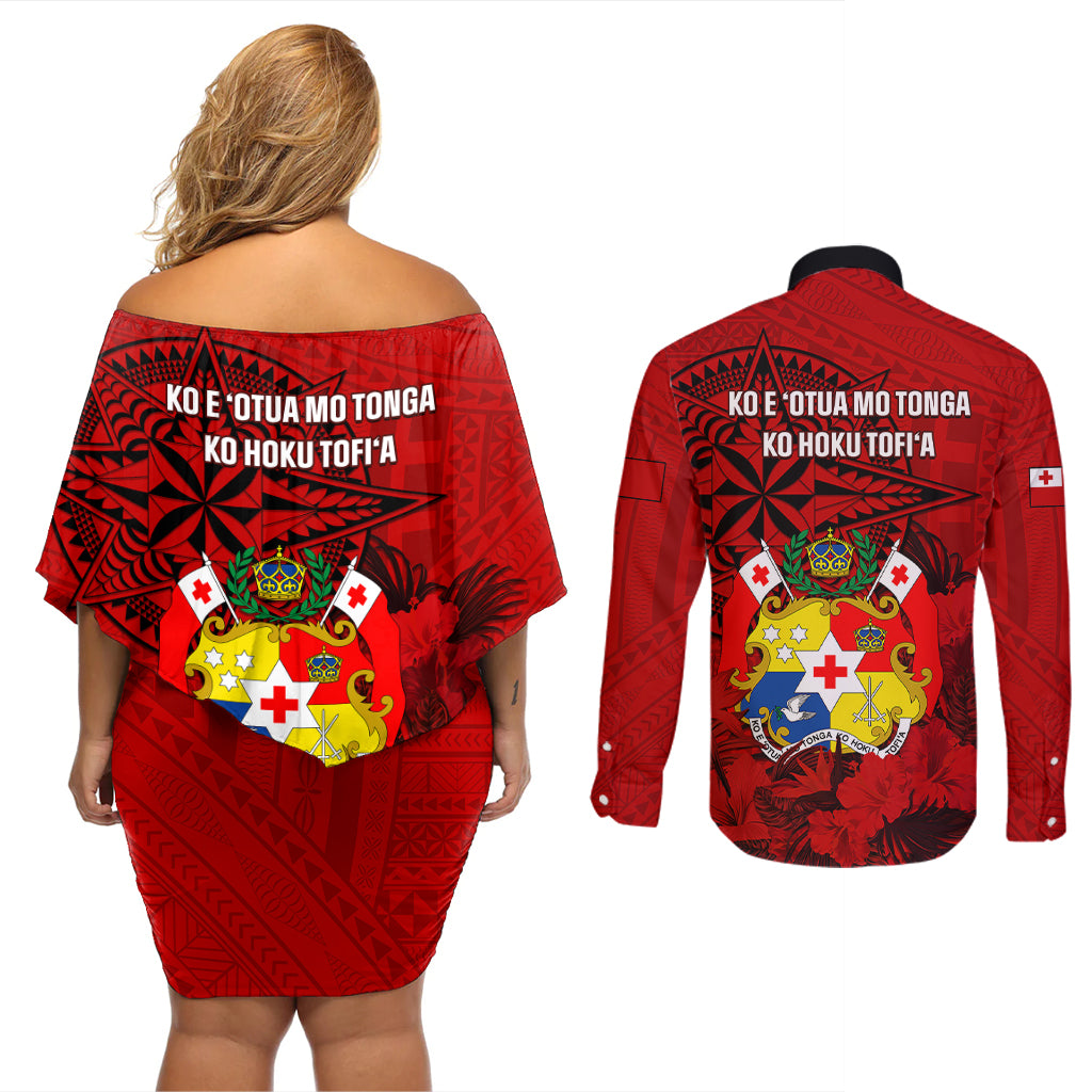 tonga-king-tupou-i-day-couples-matching-off-shoulder-short-dress-and-long-sleeve-button-shirts-tropical-flowers-with-ngatu-pattern