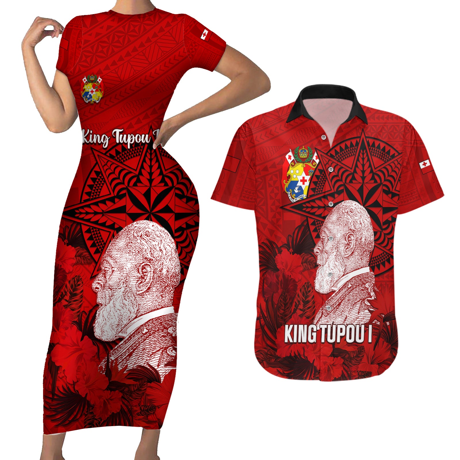 Tonga King Tupou I Day Couples Matching Short Sleeve Bodycon Dress and Hawaiian Shirt Tropical Flowers With Ngatu Pattern LT05 Red - Polynesian Pride