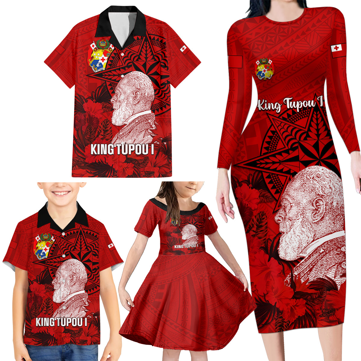 Tonga King Tupou I Day Family Matching Long Sleeve Bodycon Dress and Hawaiian Shirt Tropical Flowers With Ngatu Pattern LT05 - Polynesian Pride