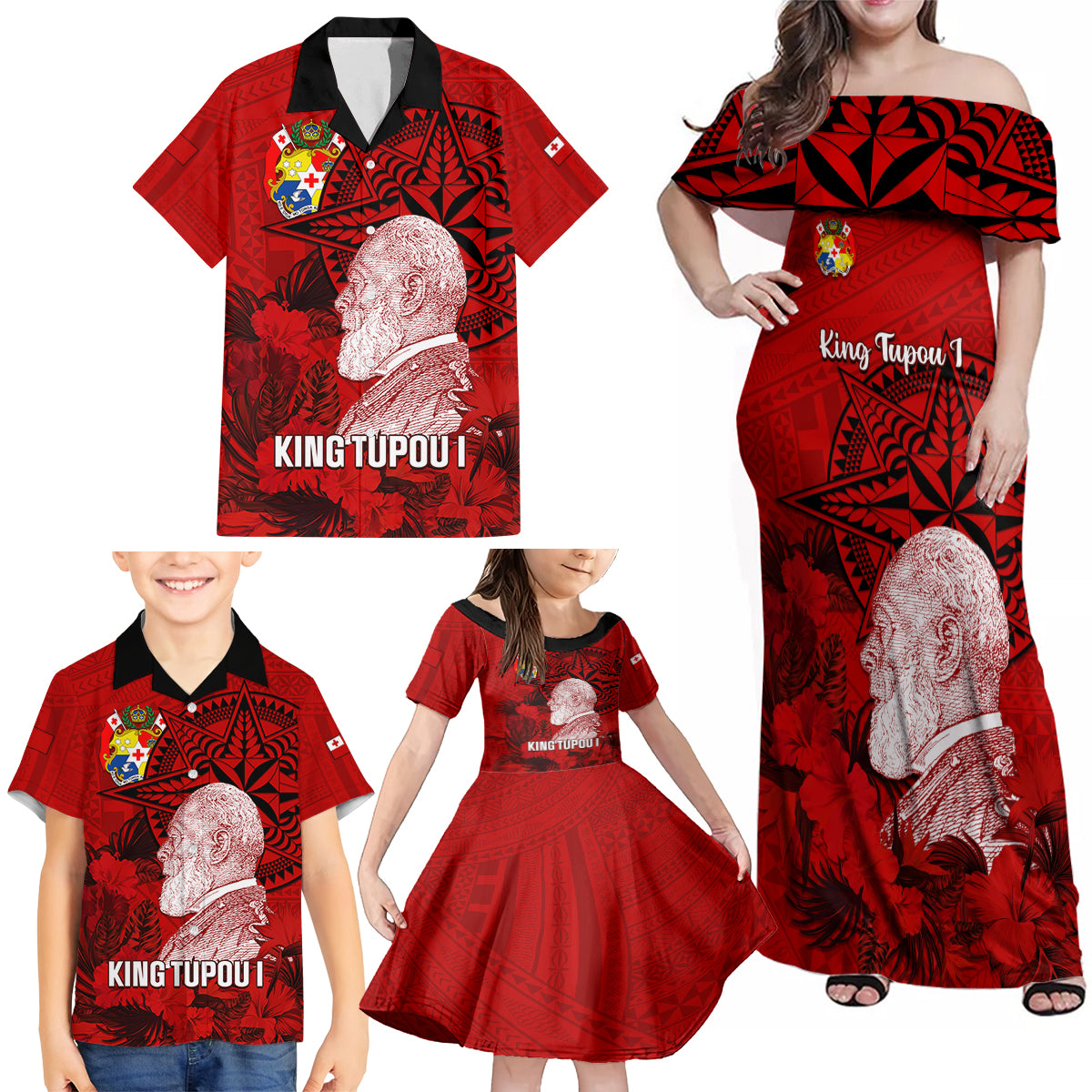 Tonga King Tupou I Day Family Matching Off Shoulder Maxi Dress and Hawaiian Shirt Tropical Flowers With Ngatu Pattern LT05 - Polynesian Pride