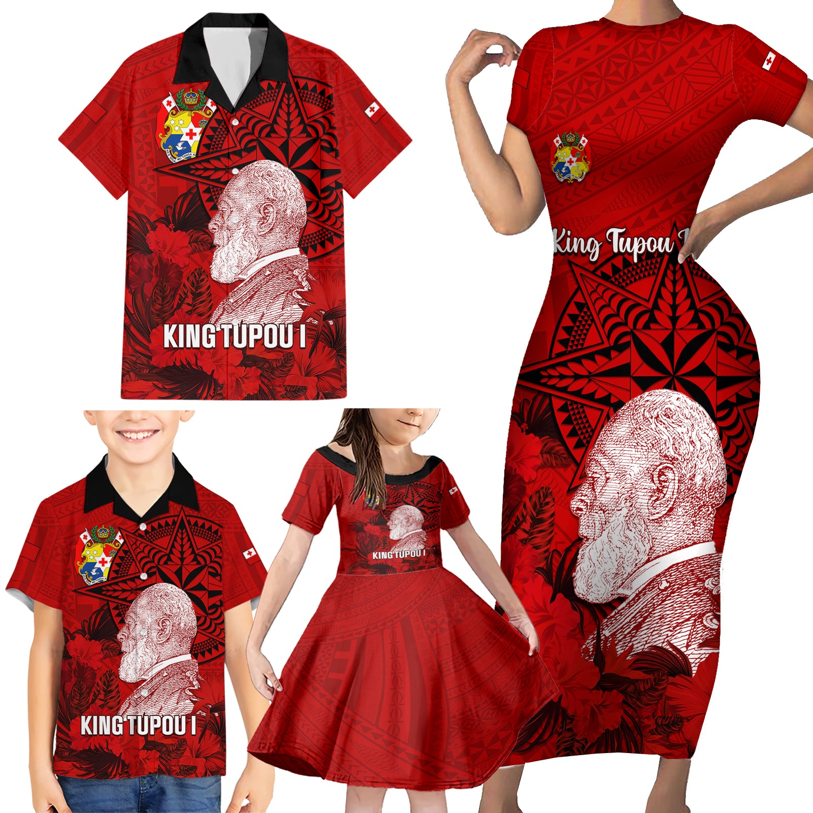 Tonga King Tupou I Day Family Matching Short Sleeve Bodycon Dress and Hawaiian Shirt Tropical Flowers With Ngatu Pattern LT05 - Polynesian Pride