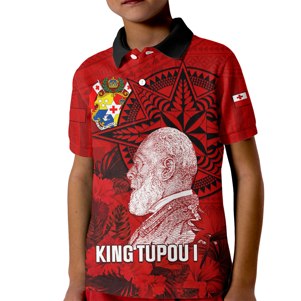 Tonga King Tupou I Day Kid Polo Shirt Tropical Flowers With Ngatu Pattern LT05 Kid Red - Polynesian Pride