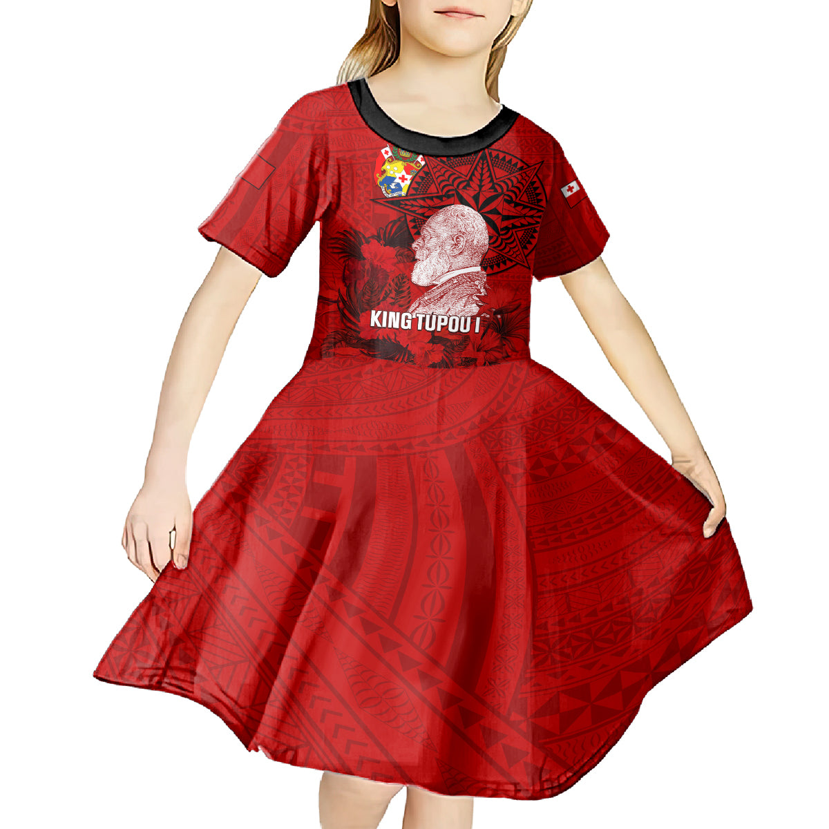 tonga-king-tupou-i-day-kid-short-sleeve-dress-tropical-flowers-with-ngatu-pattern