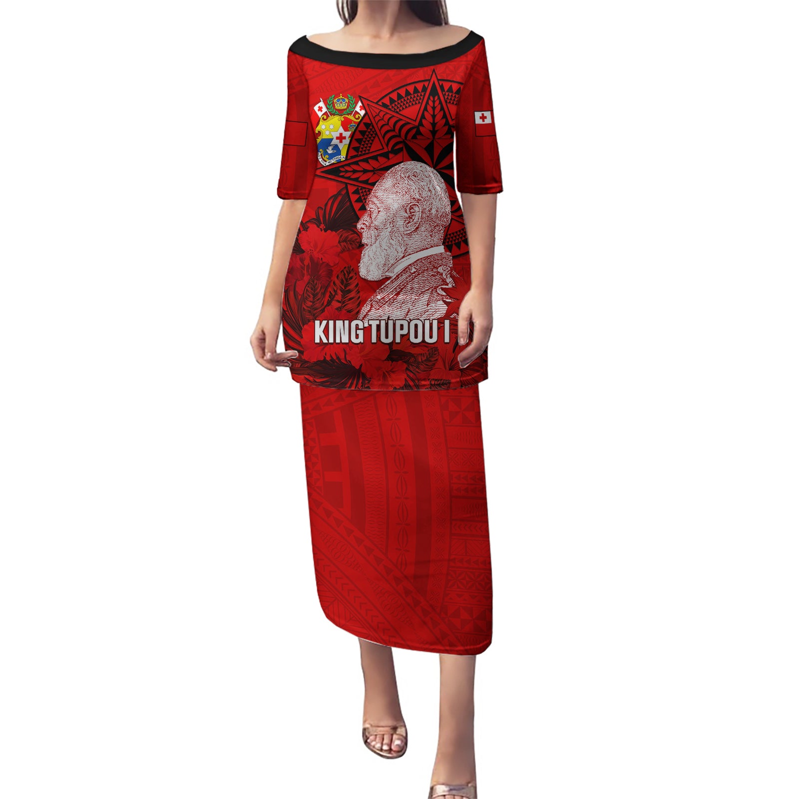 Tonga King Tupou I Day Puletasi Tropical Flowers With Ngatu Pattern LT05 Long Dress Red - Polynesian Pride