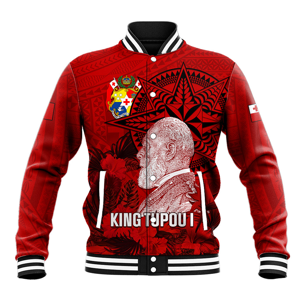 Personalized Tonga King Tupou I Day Baseball Jacket Tropical Flowers With Ngatu Pattern LT05 Unisex Red - Polynesian Pride