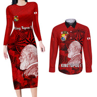 Personalized Tonga King Tupou I Day Couples Matching Long Sleeve Bodycon Dress and Long Sleeve Button Shirts Tropical Flowers With Ngatu Pattern LT05 Red - Polynesian Pride