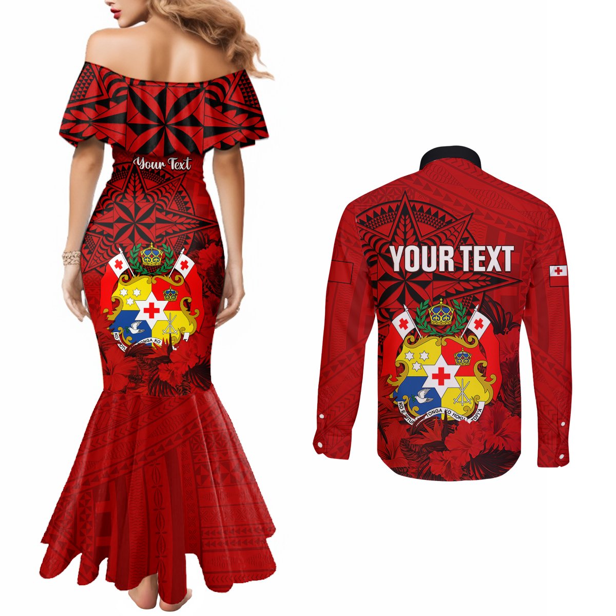 Personalized Tonga King Tupou I Day Couples Matching Mermaid Dress and Long Sleeve Button Shirts Tropical Flowers With Ngatu Pattern LT05 - Polynesian Pride