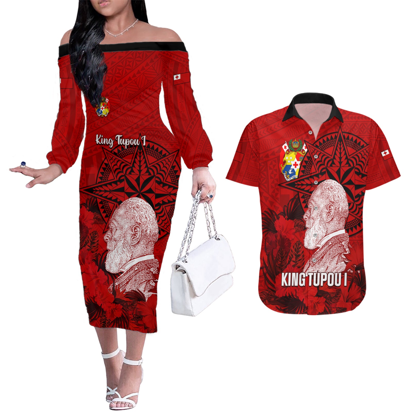 personalized-tonga-king-tupou-i-day-couples-matching-off-the-shoulder-long-sleeve-dress-and-hawaiian-shirt-tropical-flowers-with-ngatu-pattern