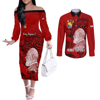 Personalized Tonga King Tupou I Day Couples Matching Off The Shoulder Long Sleeve Dress and Long Sleeve Button Shirts Tropical Flowers With Ngatu Pattern LT05 Red - Polynesian Pride