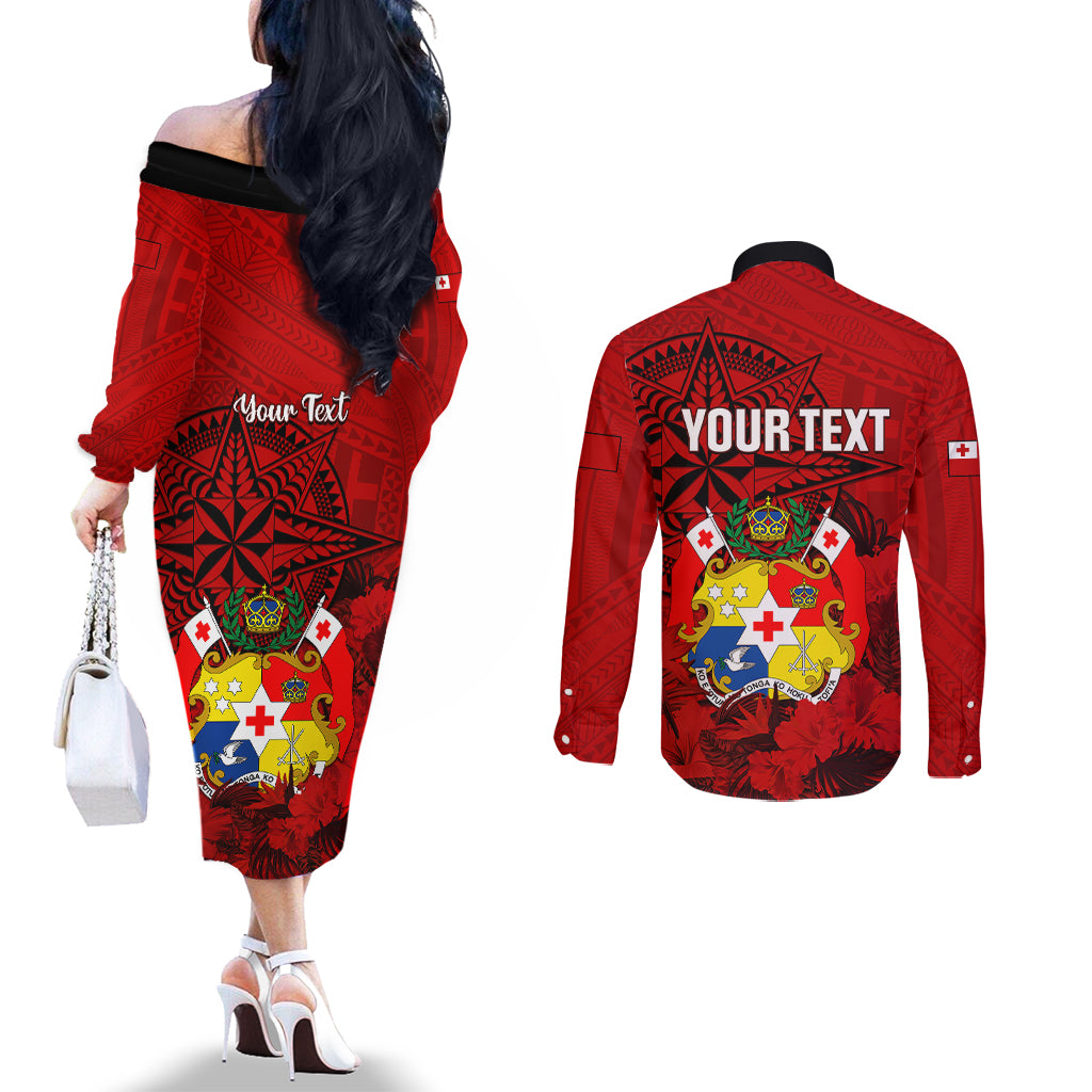 Personalized Tonga King Tupou I Day Couples Matching Off The Shoulder Long Sleeve Dress and Long Sleeve Button Shirts Tropical Flowers With Ngatu Pattern LT05 - Polynesian Pride