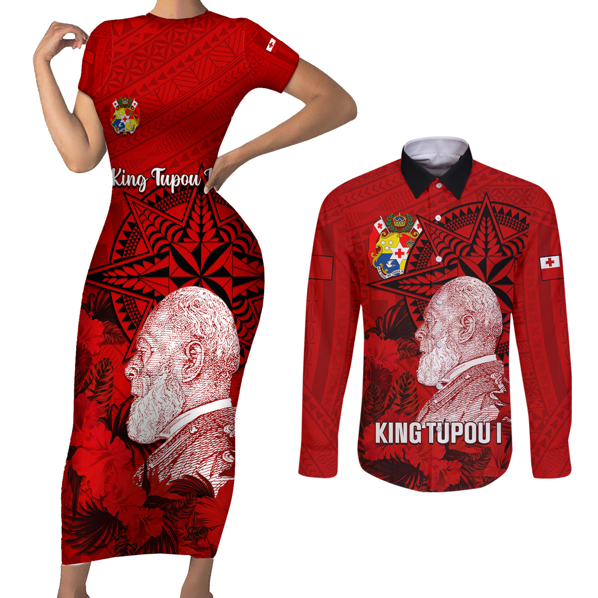 Personalized Tonga King Tupou I Day Couples Matching Short Sleeve Bodycon Dress and Long Sleeve Button Shirts Tropical Flowers With Ngatu Pattern LT05 Red - Polynesian Pride