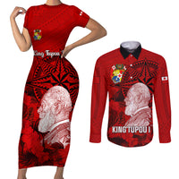 Personalized Tonga King Tupou I Day Couples Matching Short Sleeve Bodycon Dress and Long Sleeve Button Shirts Tropical Flowers With Ngatu Pattern LT05 Red - Polynesian Pride