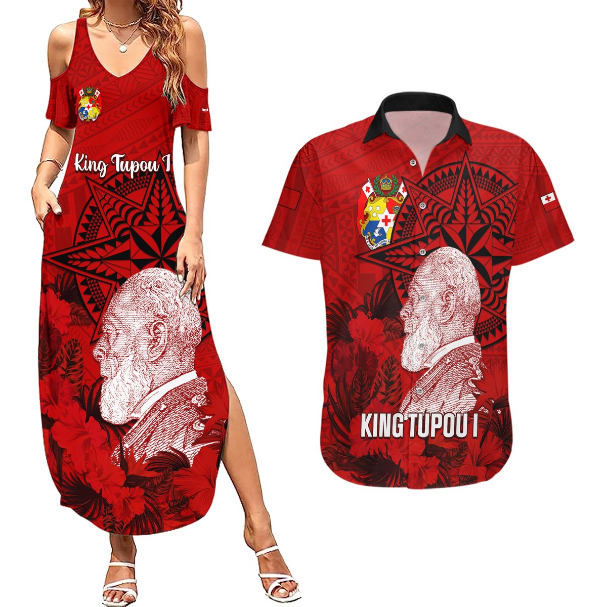 Personalized Tonga King Tupou I Day Couples Matching Summer Maxi Dress and Hawaiian Shirt Tropical Flowers With Ngatu Pattern LT05 Red - Polynesian Pride