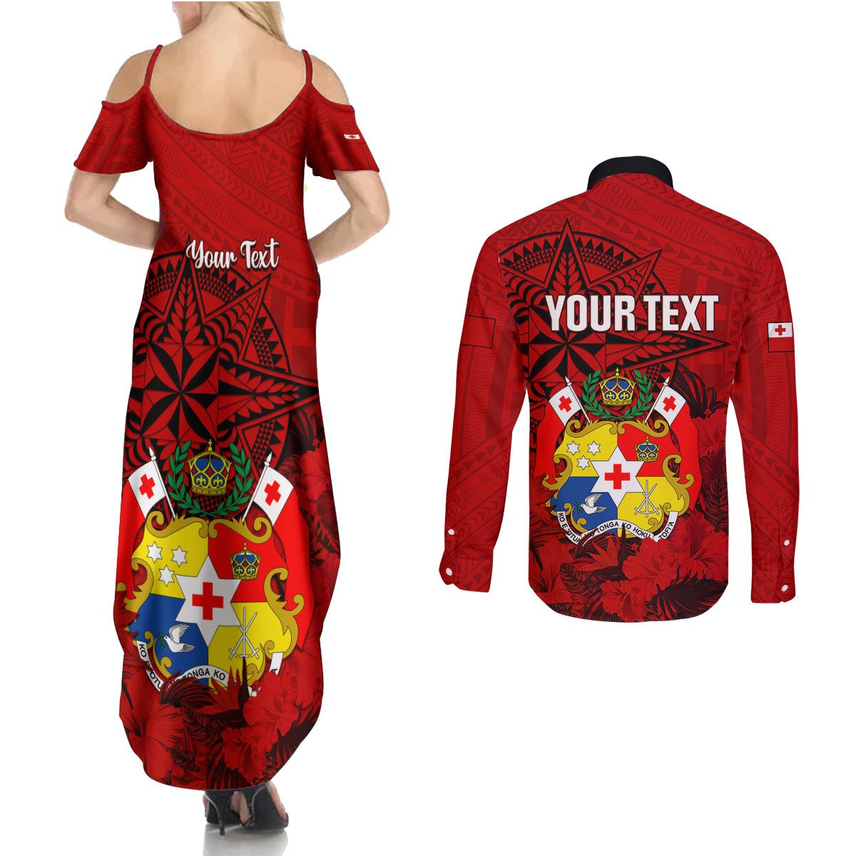Personalized Tonga King Tupou I Day Couples Matching Summer Maxi Dress and Long Sleeve Button Shirts Tropical Flowers With Ngatu Pattern LT05 - Polynesian Pride