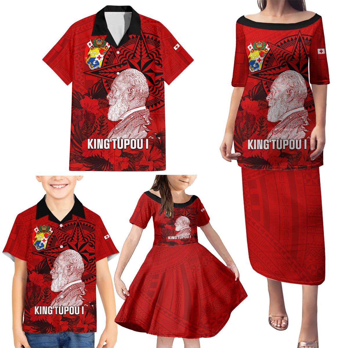 Personalized Tonga King Tupou I Day Family Matching Puletasi Dress and Hawaiian Shirt Tropical Flowers With Ngatu Pattern LT05 - Polynesian Pride