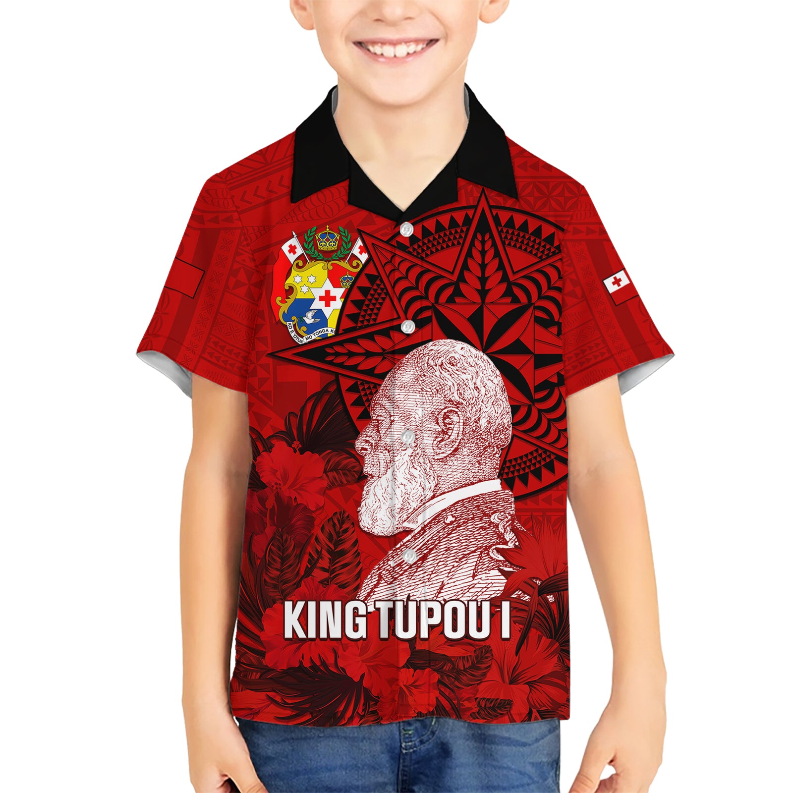 personalized-tonga-king-tupou-i-day-kid-hawaiian-shirt-tropical-flowers-with-ngatu-pattern