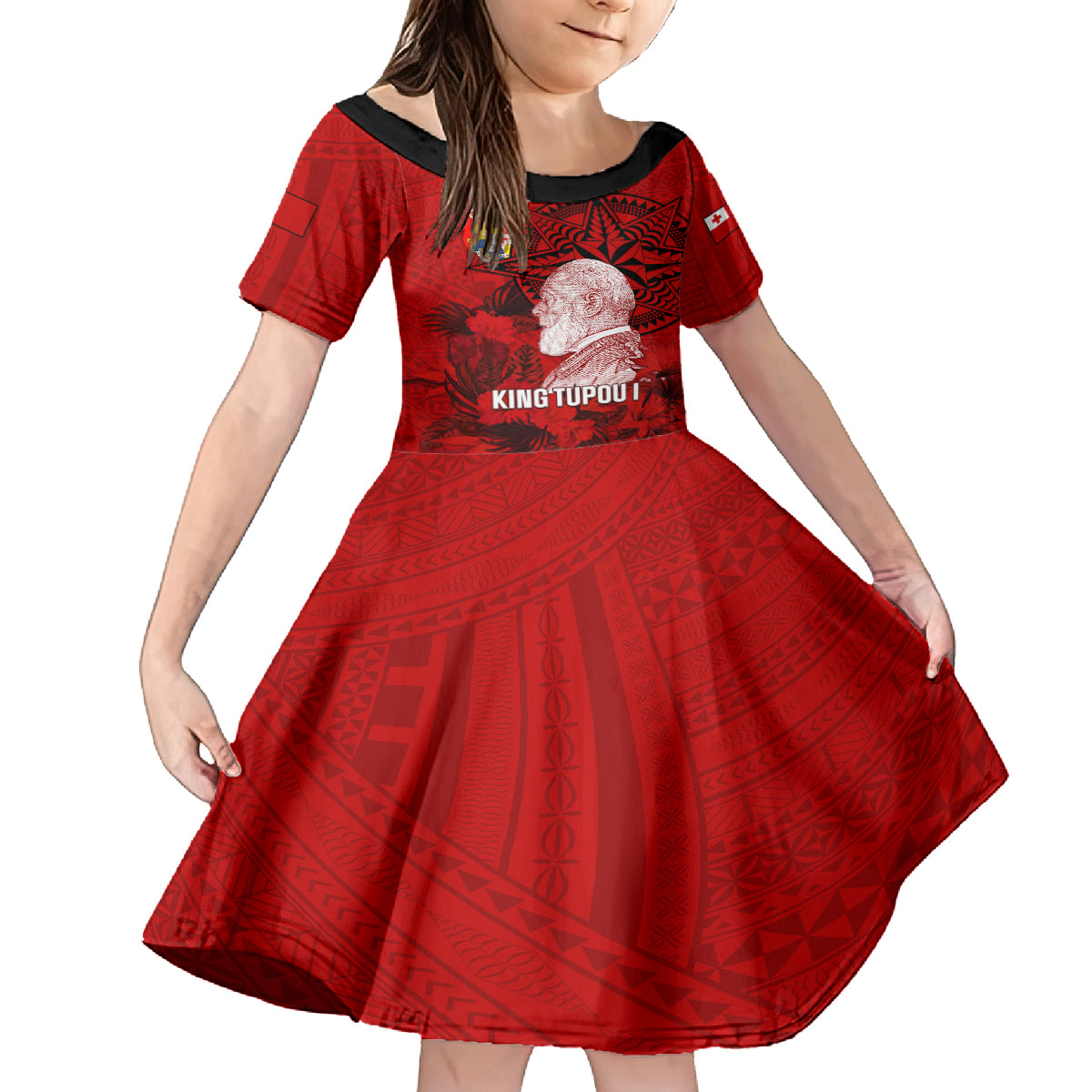 Personalized Tonga King Tupou I Day Kid Short Sleeve Dress Tropical Flowers With Ngatu Pattern LT05 KID Red - Polynesian Pride