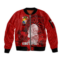 Personalized Tonga King Tupou I Day Sleeve Zip Bomber Jacket Tropical Flowers With Ngatu Pattern LT05 Unisex Red - Polynesian Pride