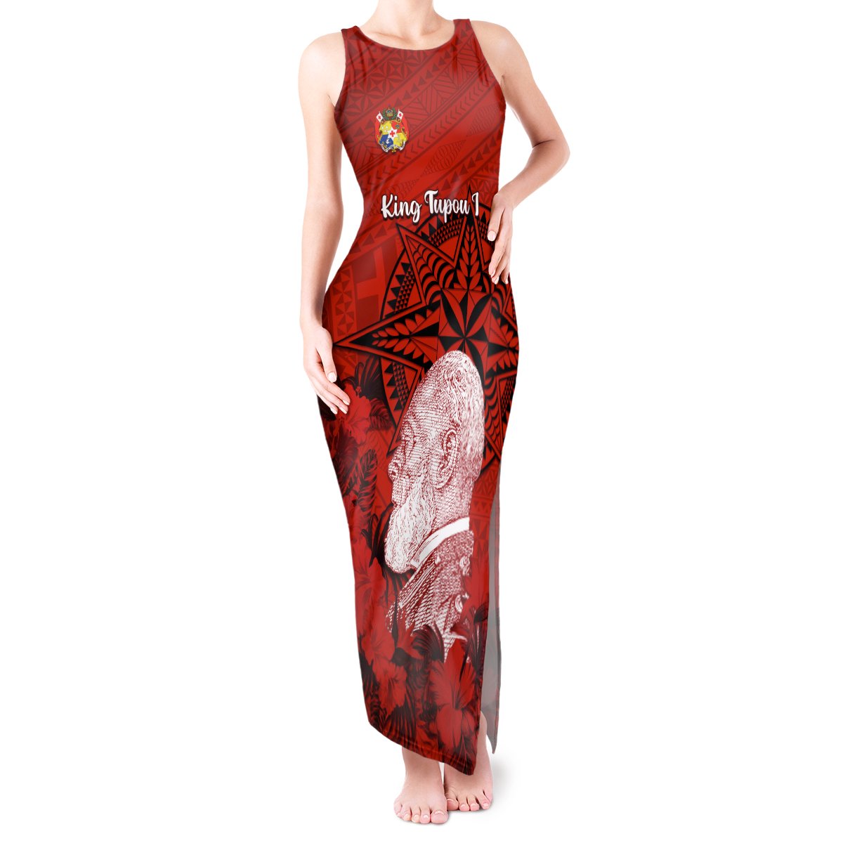 Personalized Tonga King Tupou I Day Tank Maxi Dress Tropical Flowers With Ngatu Pattern LT05 Women Red - Polynesian Pride