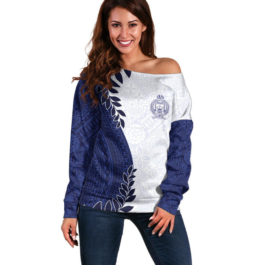 Custom Fiji Queen Victoria School Off Shoulder Sweater 120 Years Anniversary LT05 Women White - Polynesian Pride