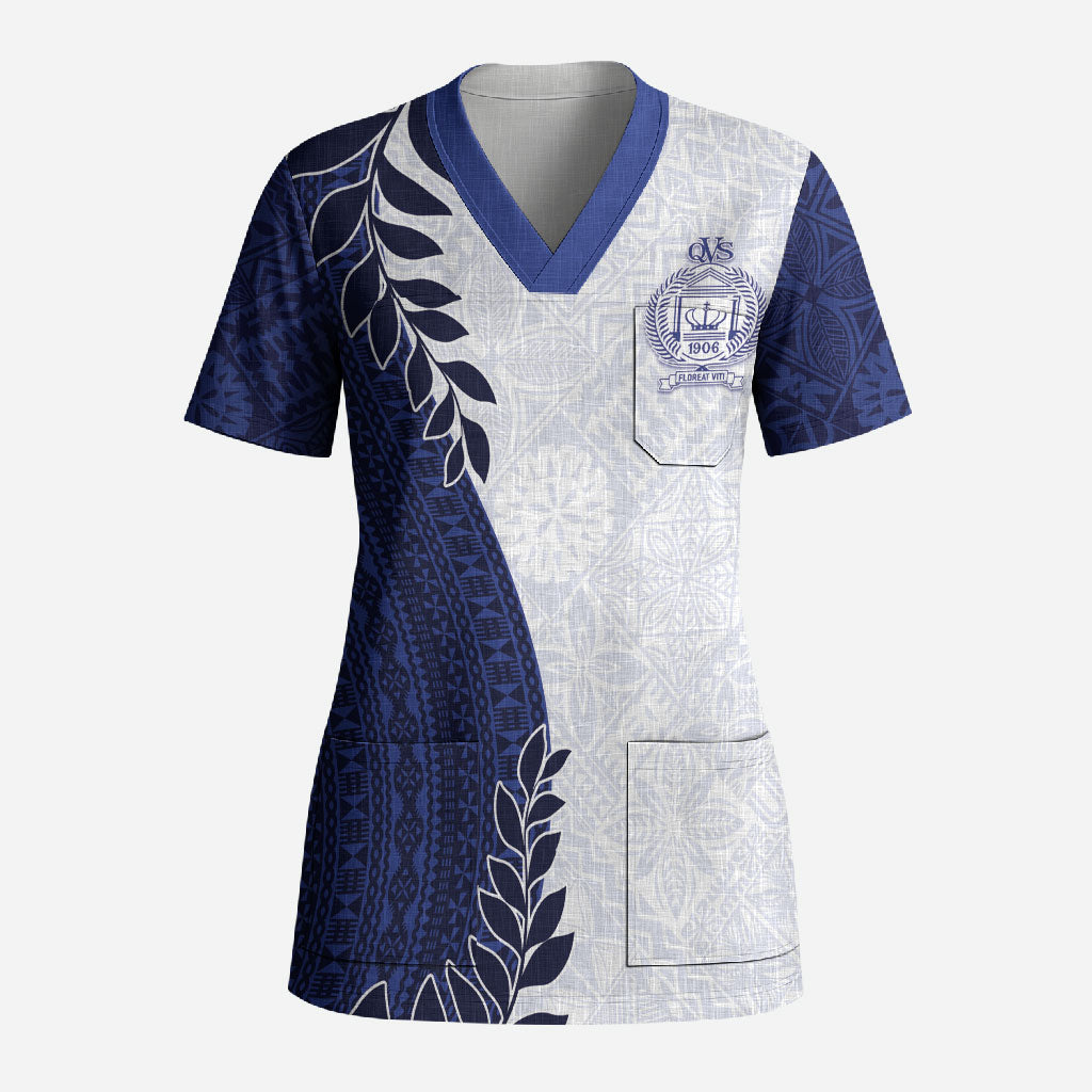 Custom Fiji Queen Victoria School Scrub Top 120 Years Anniversary LT05 Adult White - Polynesian Pride