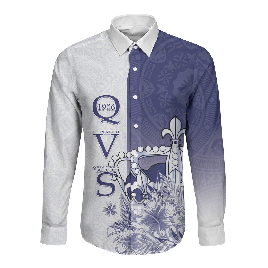Personalised Fiji Queen Victoria School 1906 Long Sleeve Button Shirt Floreat Viti LT05 Unisex Navy - Polynesian Pride