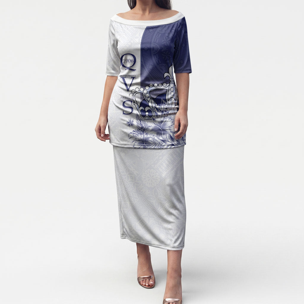 Personalised Fiji Queen Victoria School 1906 Puletasi Floreat Viti LT05 Long Dress Navy - Polynesian Pride