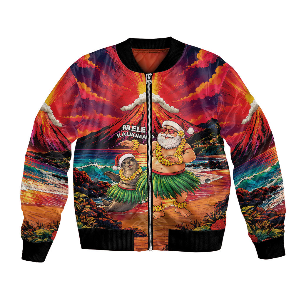 Hawaii Volcano Christmas Bomber Jacket Hula Santa And Monk Seal LT05 Unisex Multicolor - Polynesian Pride