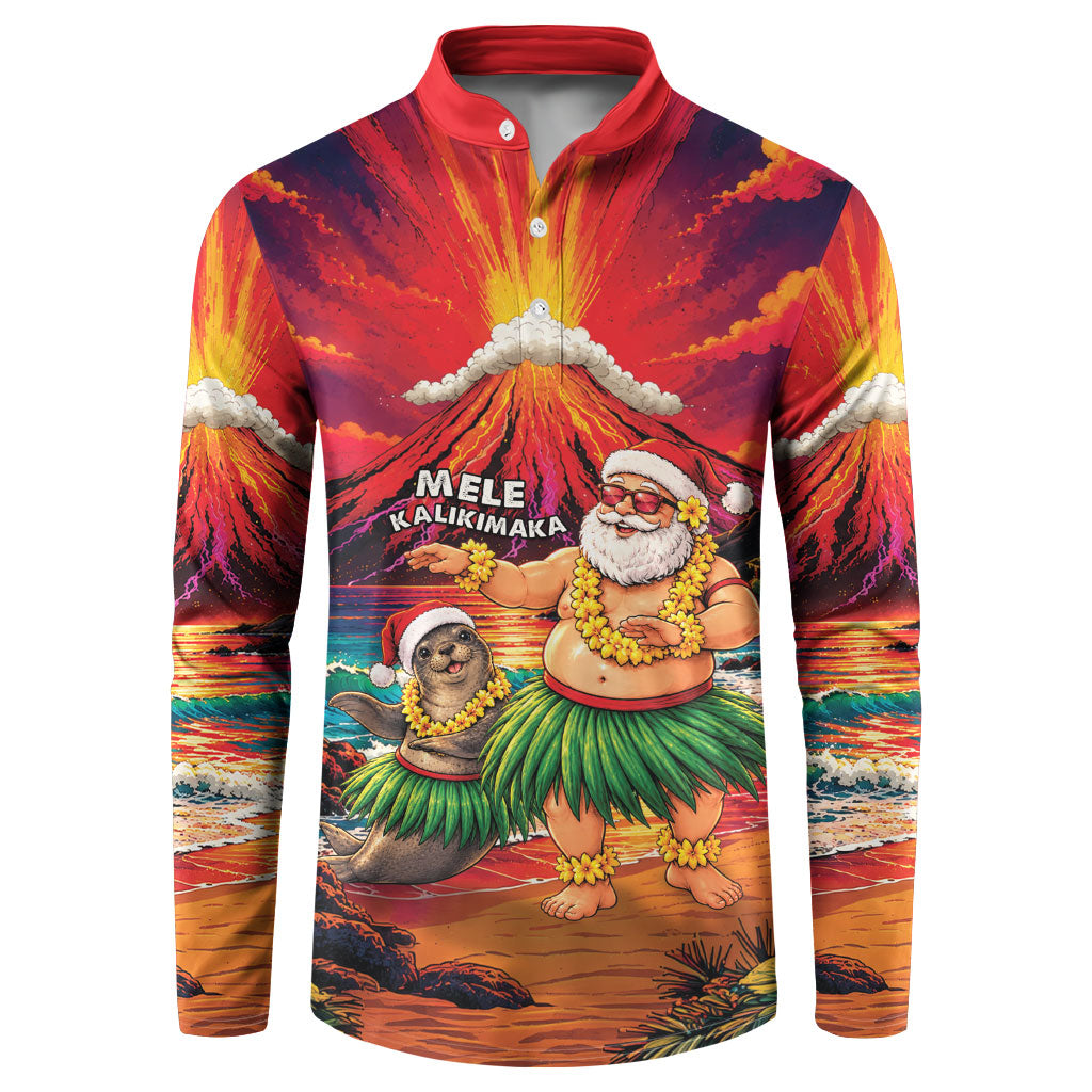 Hawaii Volcano Christmas Button Sweatshirt Hula Santa And Monk Seal LT05 Multicolor - Polynesian Pride
