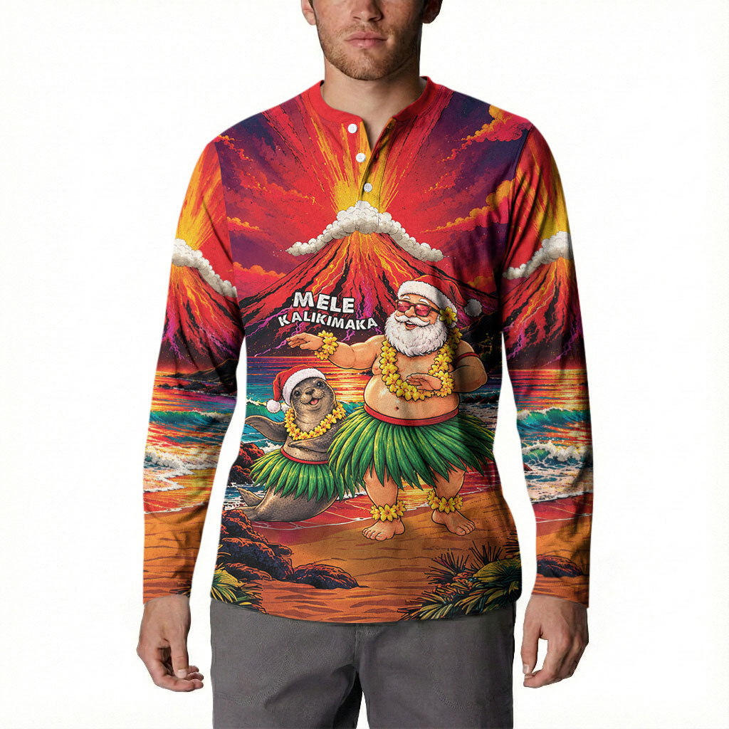 Hawaii Volcano Christmas Button Sweatshirt Hula Santa And Monk Seal LT05 - Polynesian Pride