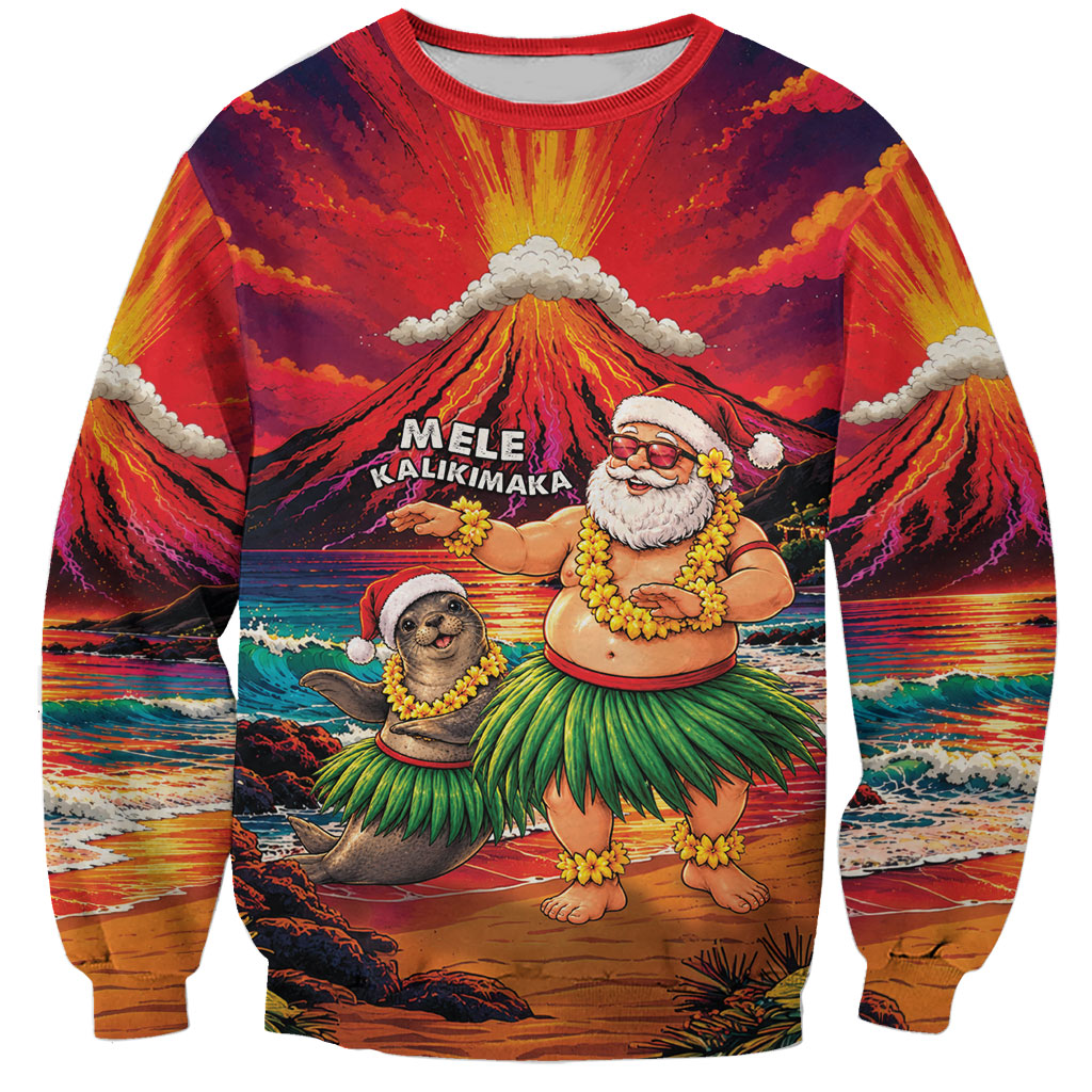 Hawaii Volcano Christmas Sweatshirt Hula Santa And Monk Seal LT05 Unisex Multicolor - Polynesian Pride