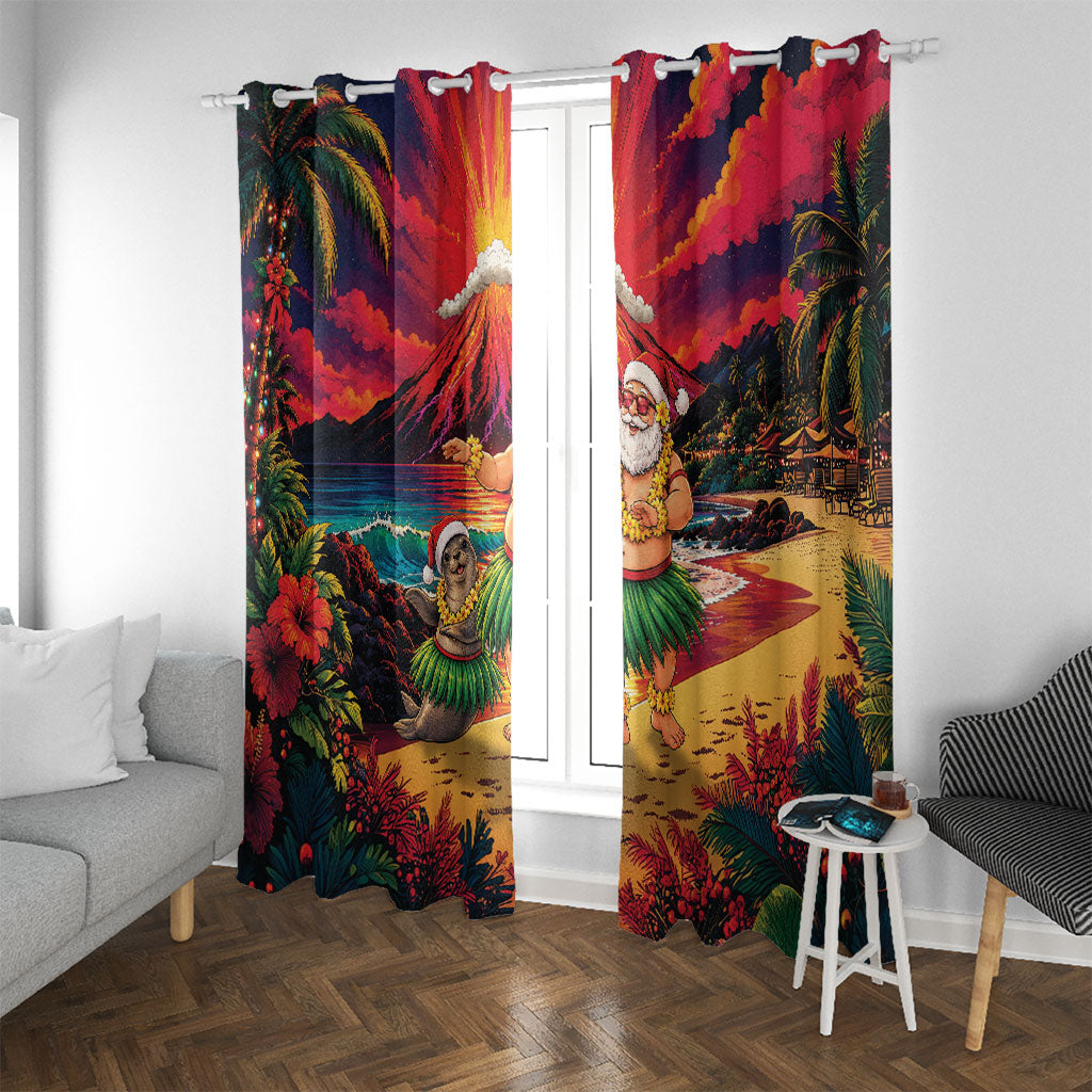 Hawaii Volcano Christmas Window Curtain Hula Santa And Monk Seal LT05 With Grommets Multicolor - Polynesian Pride