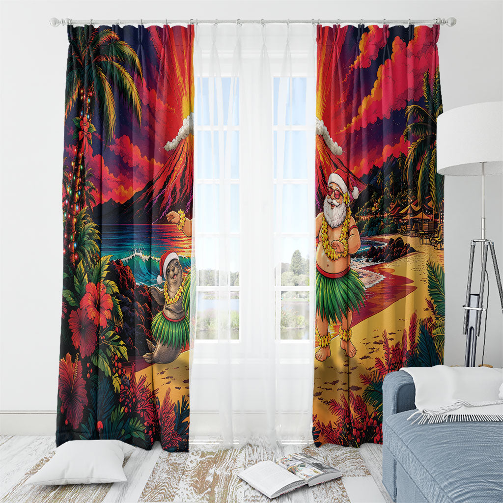 Hawaii Volcano Christmas Window Curtain Hula Santa And Monk Seal LT05 - Polynesian Pride