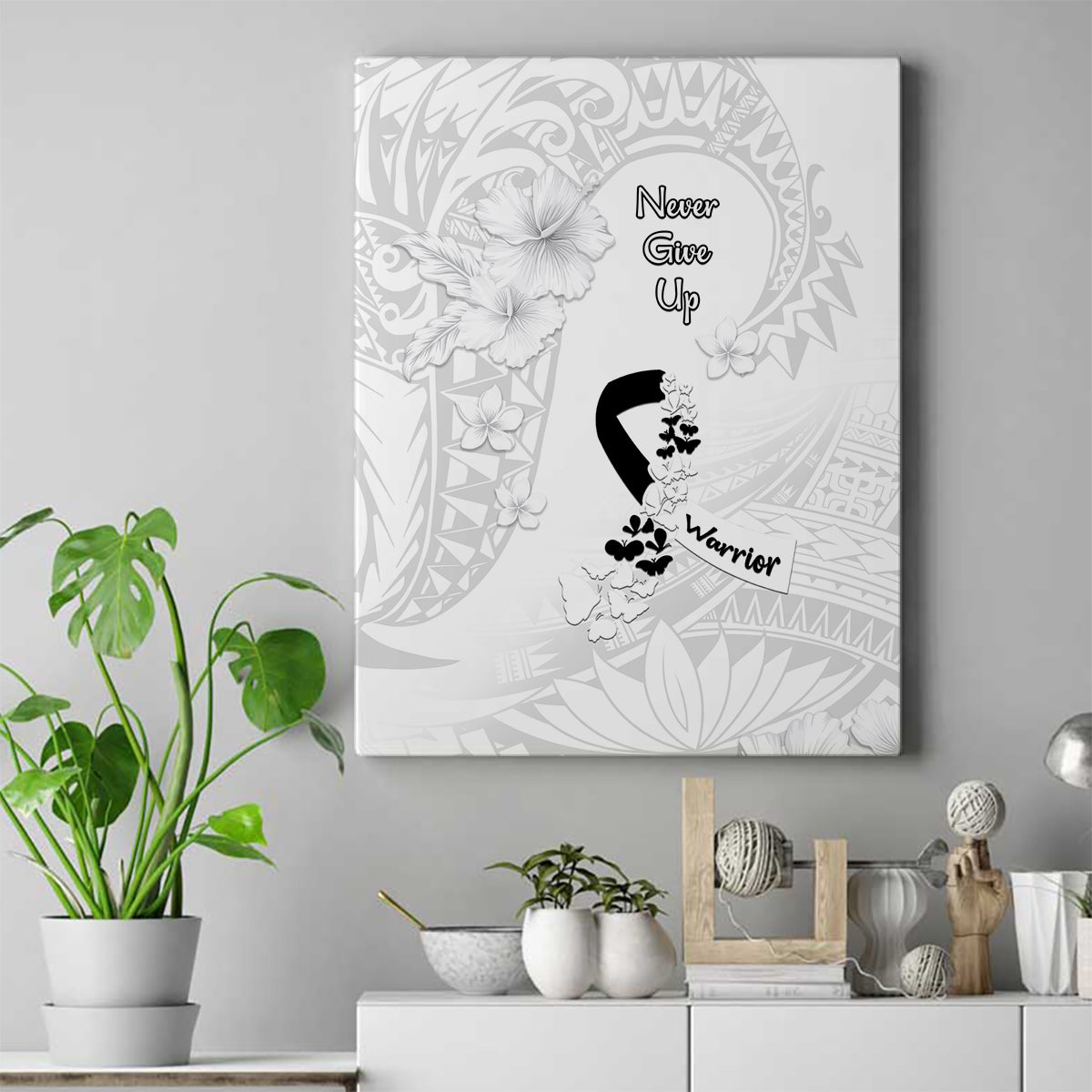 Lung Cancer Awareness Canvas Wall Art Never Give Up Polynesian Style LT05 White - Polynesian Pride