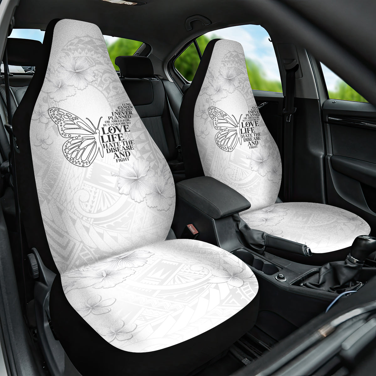 Lung Cancer Awareness Car Seat Cover Never Give Up Polynesian Style LT05 One Size White - Polynesian Pride