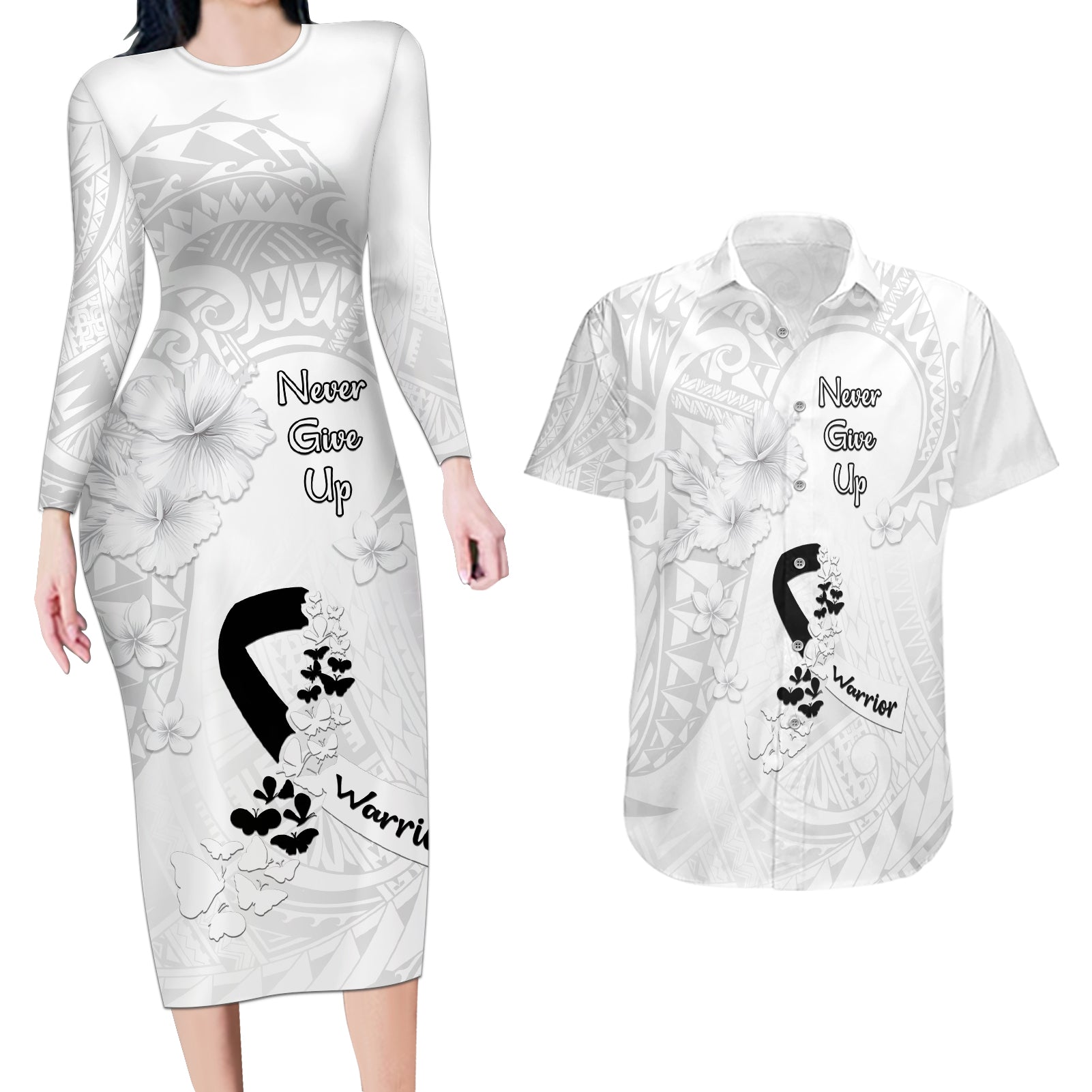 Lung Cancer Awareness Couples Matching Long Sleeve Bodycon Dress and Hawaiian Shirt Never Give Up Polynesian Style LT05 White - Polynesian Pride